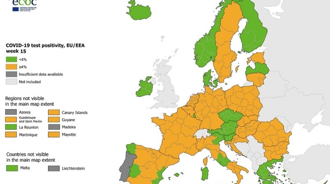 Χάρτης ECDC: Στο «πράσινο» η Ελλάδα στον δείκτη θετικότητας