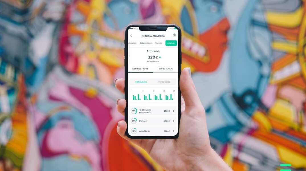 Κινητό που απεικονίζει την εφαρμογή waiz