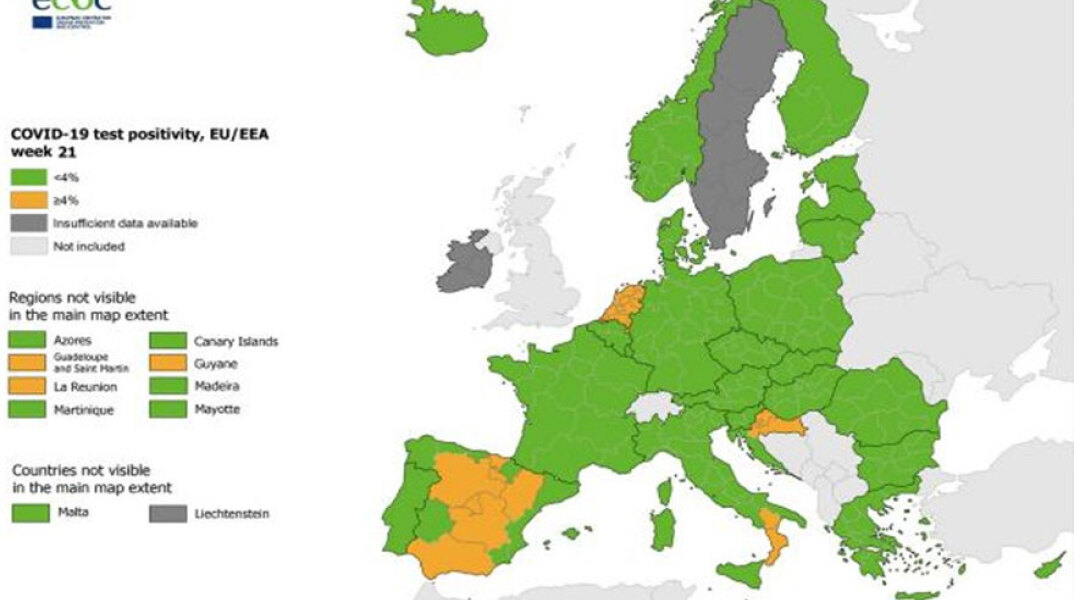 Κορωνοϊός: «Πράσινη» η Ελλάδα στον χάρτη του ΕCDC, καθώς ο δείκτης θετικότητας παραμένει κάτω από το 4%