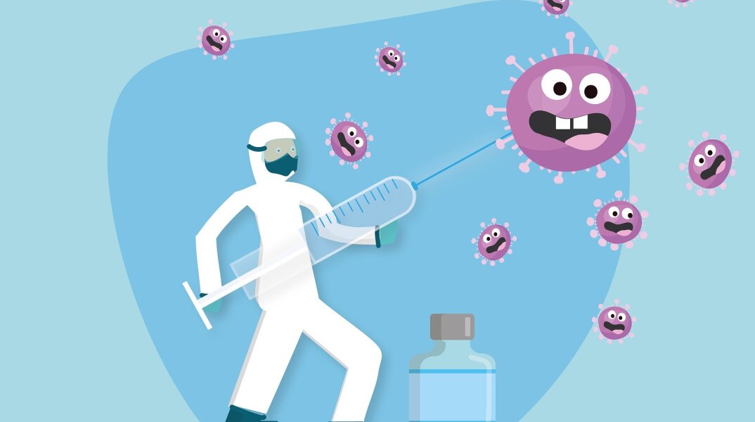 Εικονογράφηση που απεικονίζει νοσηλευτή να επιτίθεται με εμβόλιο στον κορωνοϊό