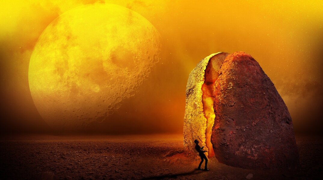 Εικονογράφηση που απεικονίζει έναν άνδρα μπροστά σε έναν βράχο