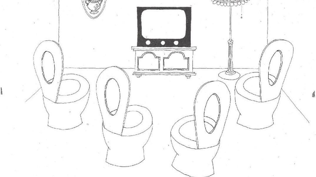 Σκίτσο του ΚΥΡ που απεικονίζει οθόνη τηλεόρασης και λεκάνες τουαλέτας