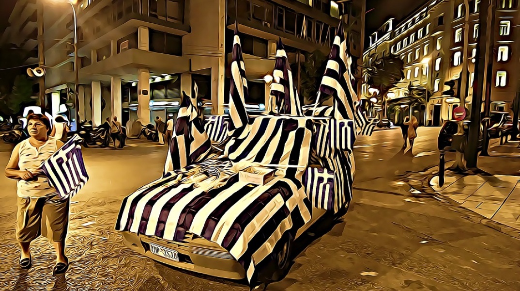 Εικονογράφηση αυτοκινήτου με ελληνικές σημαίες στο Σύνταγμα