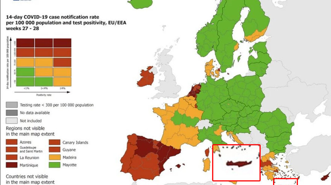 ECDC - Κορωνοϊός: Με κόκκινο χρώμα η Κρήτη στον επικαιροποιημένο χάρτη