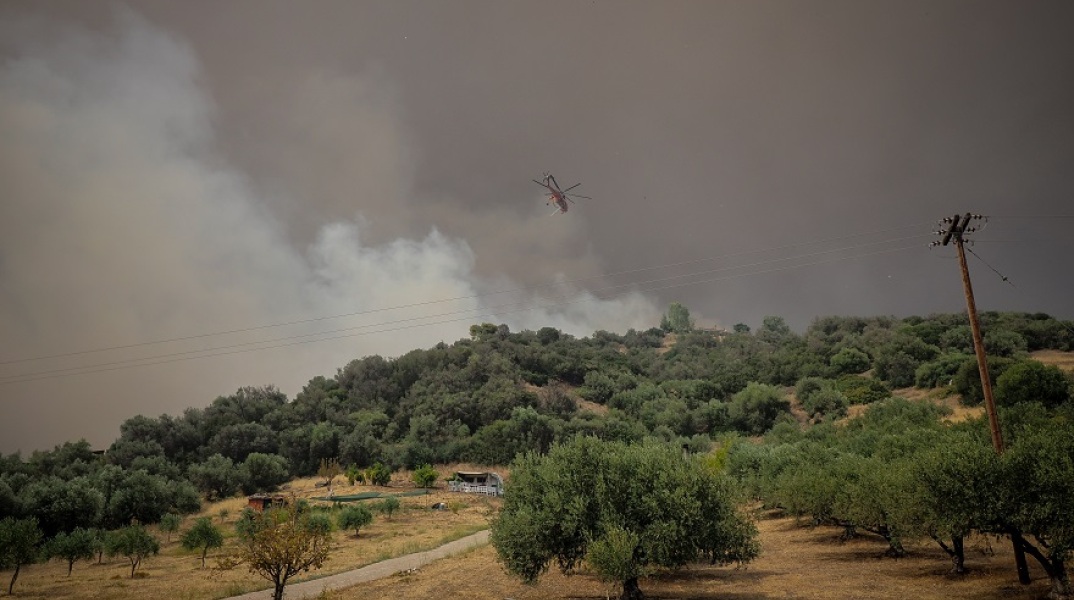 Στιγμιότυπο από την επιχείρηση κατάσβεσης της πυρκαγιάς στην Εύβοια