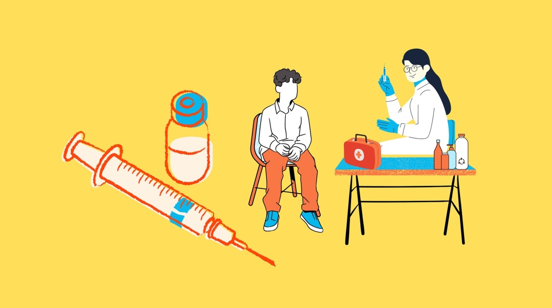 Εικονογράφηση που απεικονίζει νοσηλεύτρια να προετοιμάζει εμβολιασμό ανθρώπου