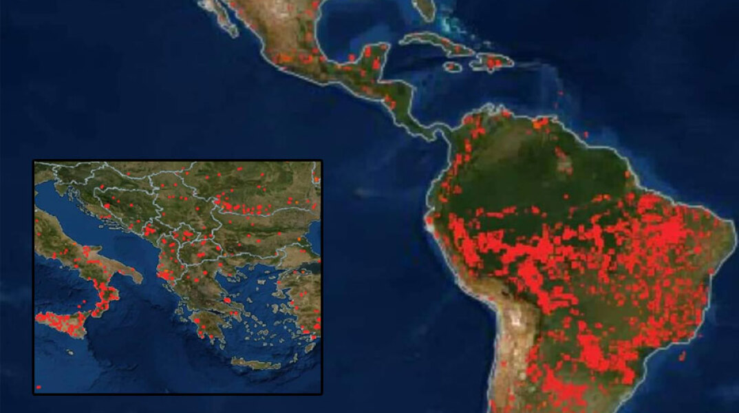 Φωτιά σε διάφορες περιοχές του πλανήτη -ανάμεσά τους και στην Ελλάδα- όπως φαίνεται από δορυφόρο της NASA