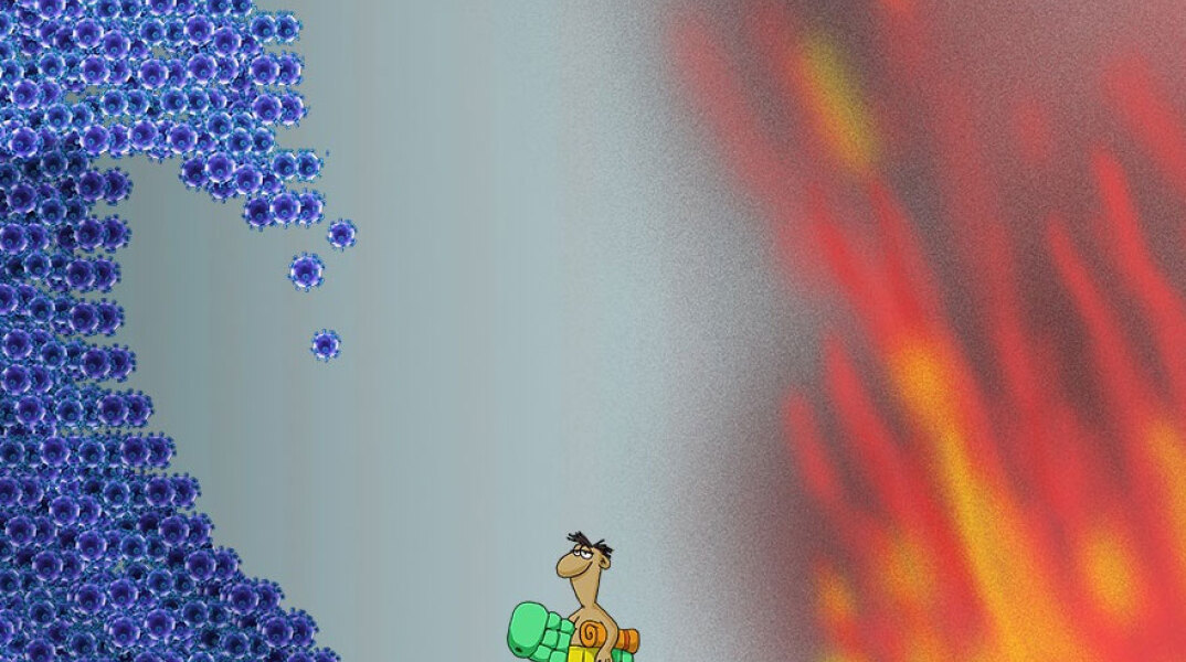 Αρκάς: Στο νέο του σκίτσο ο λουόμενος βρίσκεται ανάμεσα στο νέο κύμα κορωνοϊού και τις πυρκαγιές