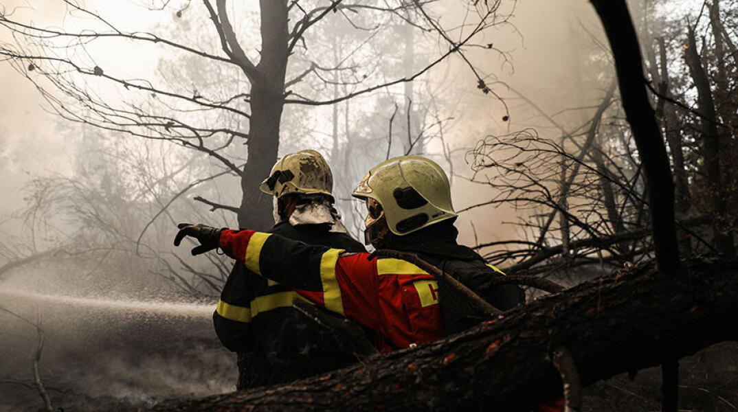 Πυροσβέστες στην Εύβοια ρίχνουν νερό στη μεγάλη φωτιά