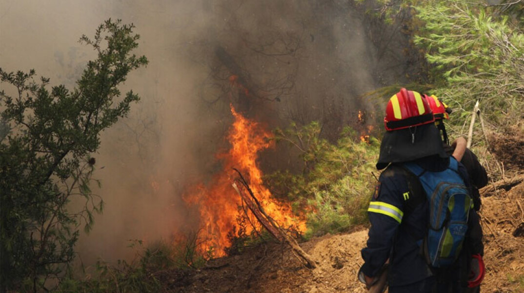 Πυροσβέστες σε δασική πυρκαγιά - Φωτιά ξέσπασε στην Εύβοια, στην περιοχή Μεσοχώρια Καρύστου