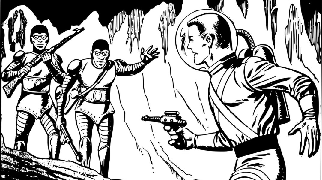 Σκίτσο κόμικ με αστροναύτες και εξωγήινους