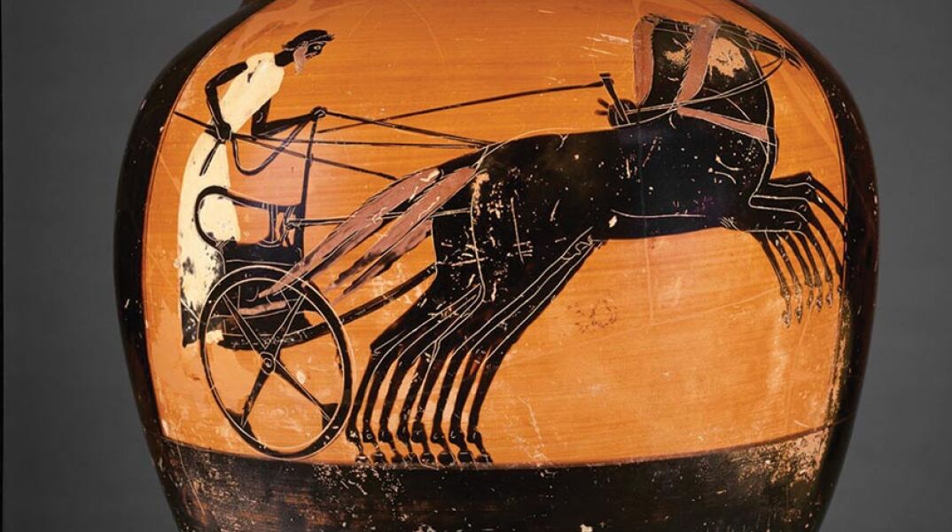 Tέθριππος με τέσσερα άλογα σε ζυγό. Αττικός Παναθηναϊκός αμφορέας 490-480 π.Χ., του ζωγράφου Κλεοφράδη. Τερακότα (Μουσείο J. Paul Getty)