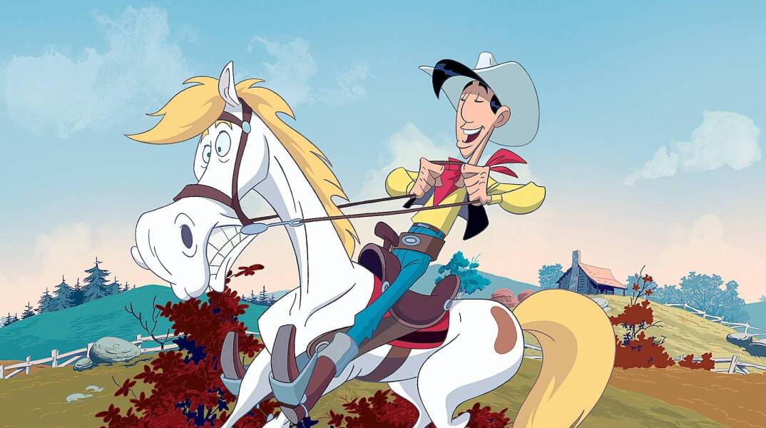 Σκίτσο που δείχνει τον κόμικ ήρωα Λούκι Λουκ πάνω στο άλογό του