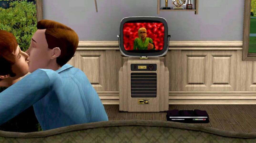 Στιγμιότυπο από το παιχνίδι «Sims» όπου δύο χαρακτήρες άντρες φιλιούνται