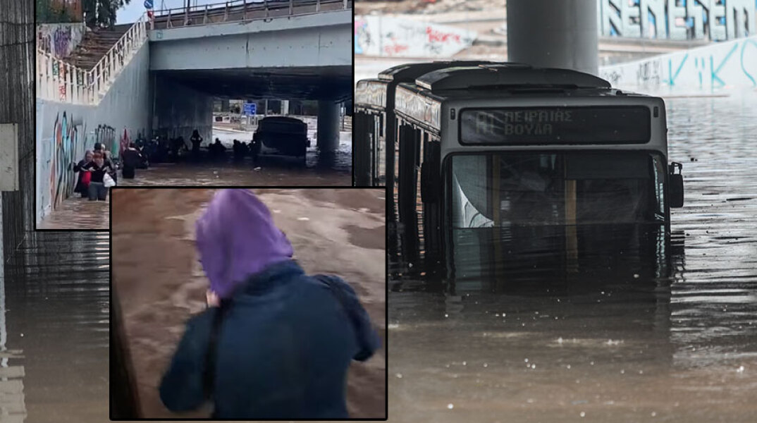 Δραματικές εικόνες στην Ποσειδώνος με λεωφορείο να εγκλωβίζεται σε πλημμυρισμένη γέφυρα και τους επιβάτες να αποχωρούν