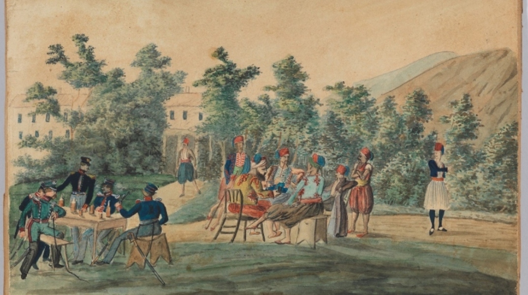 "Έλληνες και Βαυαροί στρατιώτες σε ώρα ανάπαυλας", έργο του Λούντβιχ Κελνμπέργκερ, 1834, από τη Συλλογή Κρασάκη
