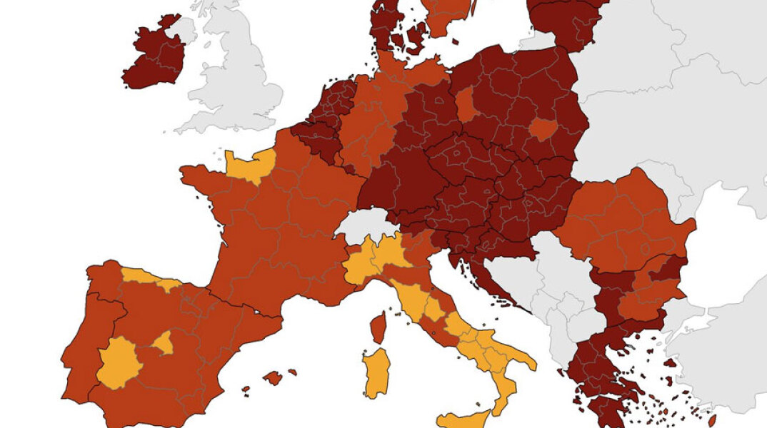 Ο χάρτης του ECDC για την πανδημία κορωνοϊού στην Ευρώπη - Στο «βαθύ κόκκινο» η Ελλάδα