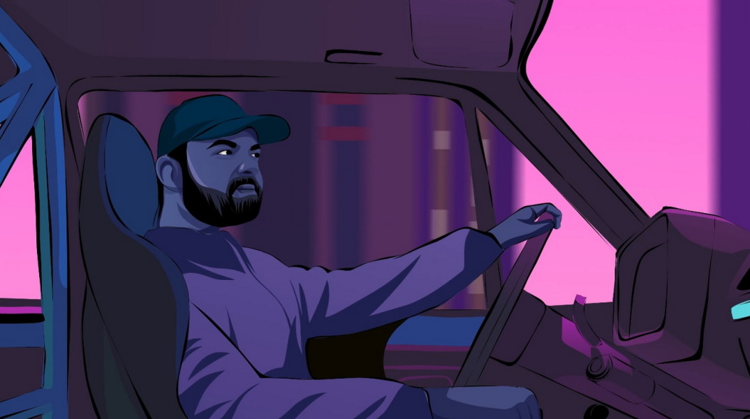 Animation που δείχνει άνδρα να οδηγά αυτοκίνητο