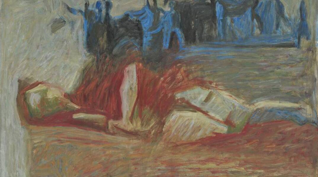 Βαγγέλης Δημητρέας, «Γυναίκα ξαπλωμένη στο παράθυρο (Μορφή που καίγεται)», 1968-1969, Λάδι σε μουσαμά / Συλλογή Εθνικής Πινακοθήκης