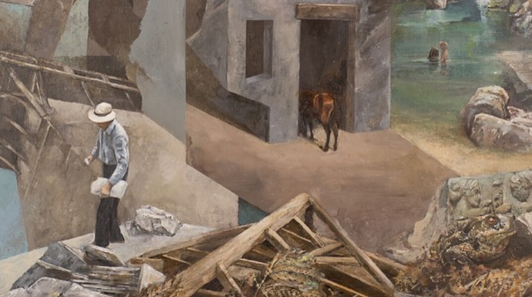 Λεπτομέρεια από τον πίνακαα του ζωγράφου Κώστα Πολυχρόνου με τίτλο Δασεία όψη. Από την έκθεση Αρμογές στην Gallery 7. 