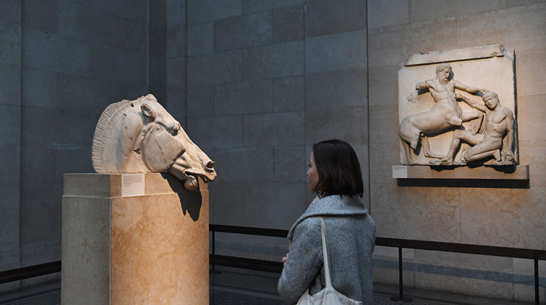 Γλυπτά του Παρθενώνα: Επισκέπτης μπροστά σε μαρμάρινη κεφαλή αλόγου στο Βρετανικό Μουσείο