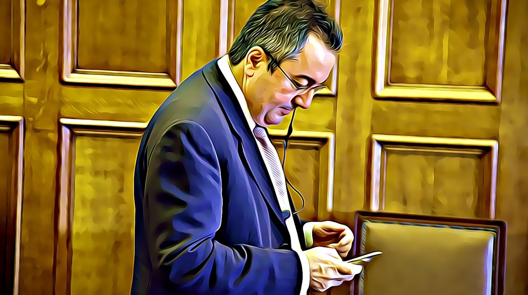 Εικονογράφηση που απεικονίζει τον καθηγητή Ηλία Μόσιαλο να κοιτά το smartphone του