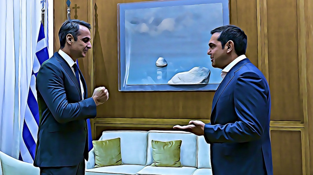 Εικονογράφηση που απεικονίζει τον Κυριάκο Μητσοτάκη να συζητά με τον Αλέξη Τσίπρα