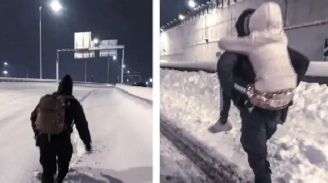 Αστυνομικός κουβαλάει στην πλάτη ένα μικρό κορίτσι στη μέση της Αττικής Οδού