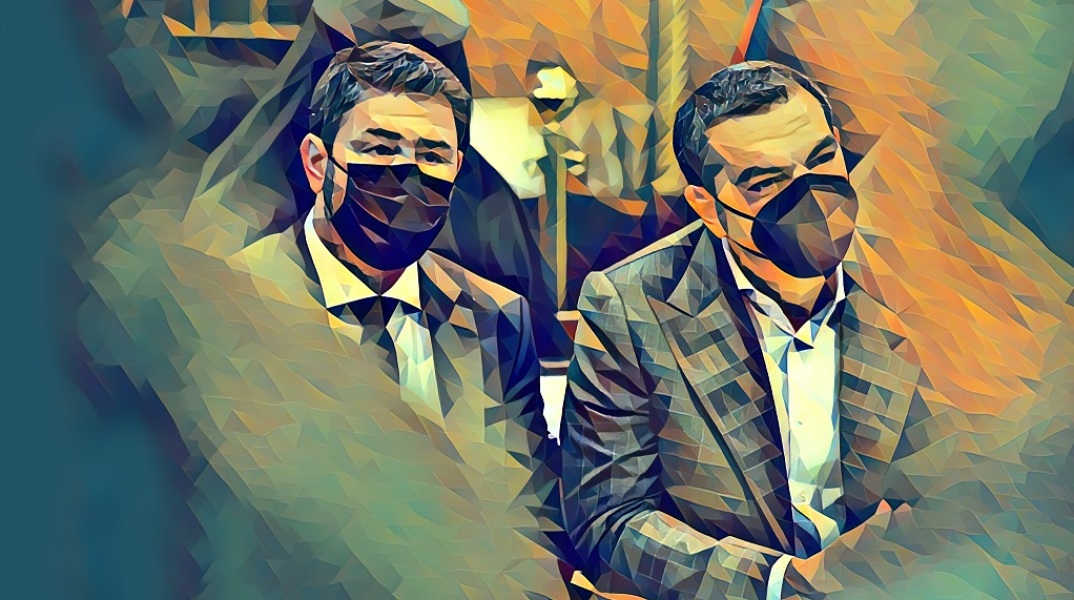 Εικονογράφηση που απεικονίζει τον Νίκο Ανδρουλάκη και τον Αλέξη Τσίπρα