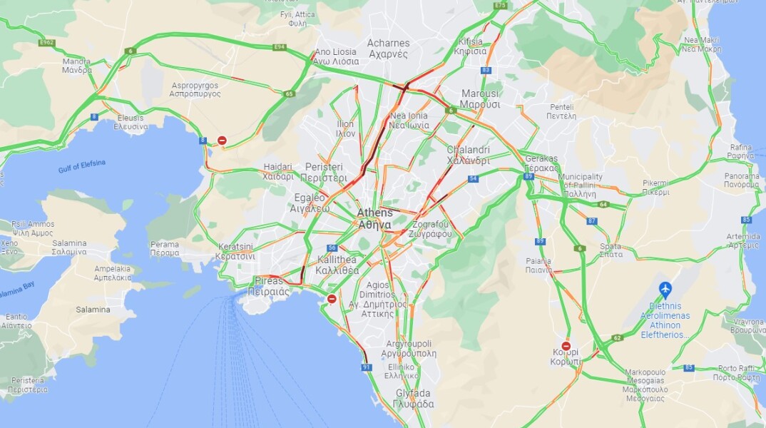 Χάρτης με την κίνηση στους δρόμους της Αθήνας
