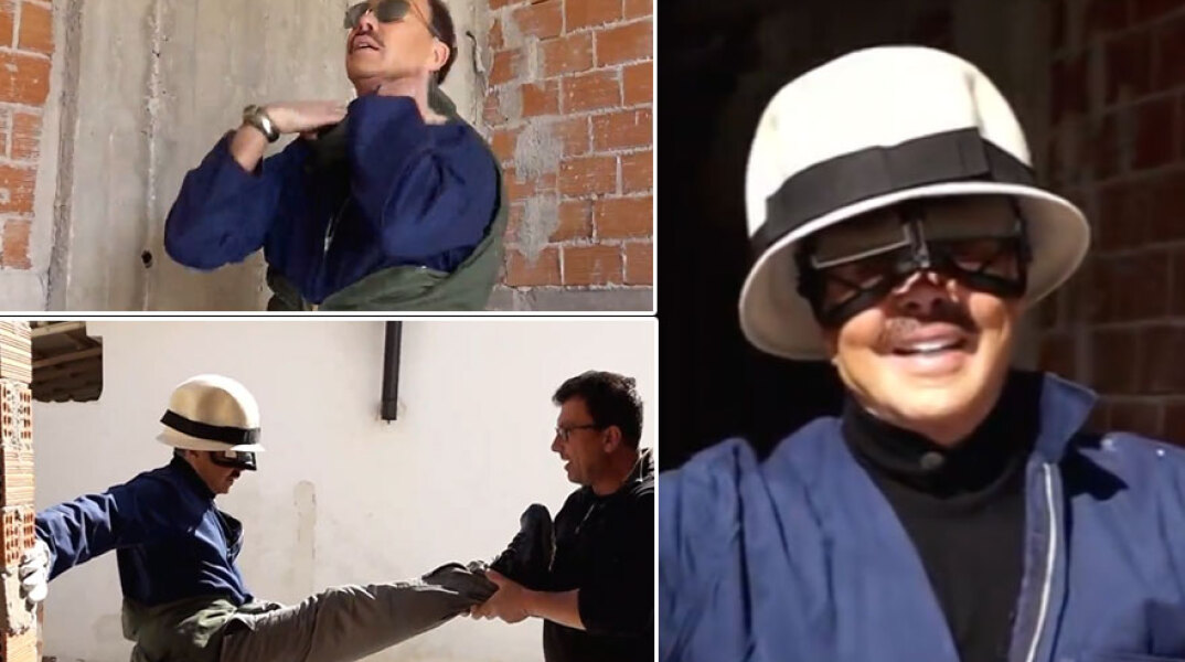 Ο Λάκης Γαβαλάς στην οικοδομή, ντυμένος οικοδόμος