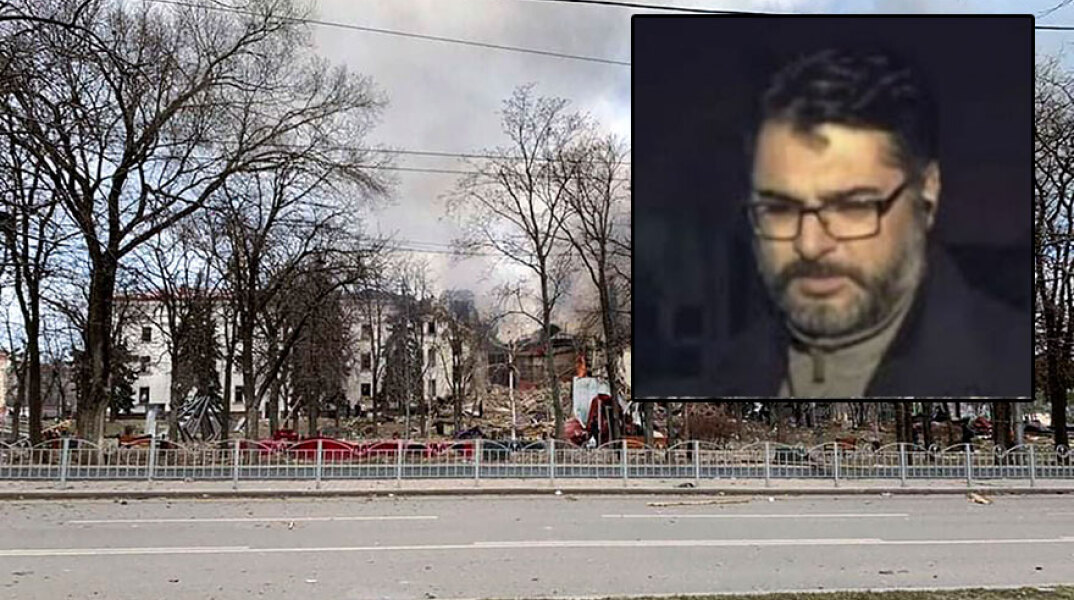 Το θέατρο στη Μαριούπολη που βομβαρδίστηκε (κεντρική) - Ο Έλληνας πρόξενος (ένθετη)