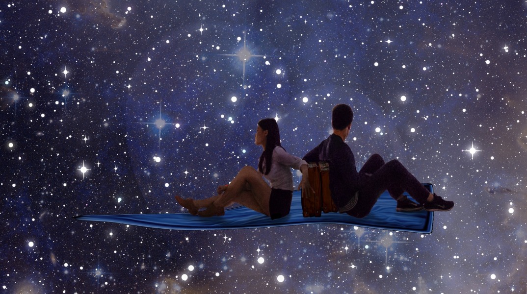 Εικονογράφηση που απεικονίζει ζευγάρι να κάθεται σε ιπτάμενο χαλί με φόντο άστρα
