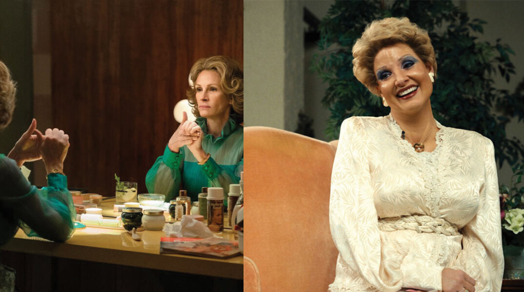 Η Julia Roberts (αριστερά) ως Μάρθα Μίτσελ στη σειρά Gaslit και η Jessica Chastain ως Τάμι Φέι στην ταινία The eyes of Tammy Faye