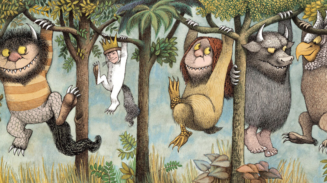 Εικονογράφηση με άγρια ζώα που κρέμονται από κλαδιά δέντρων, ανάμεσά τους και ένα άνθρωπος