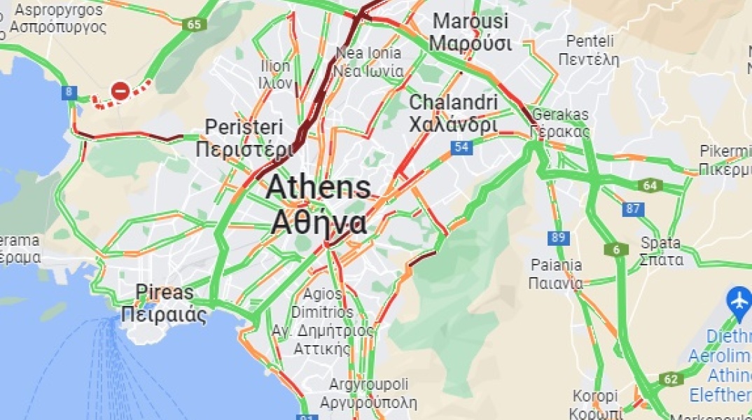 Χάρτης με την κίνηση στους δρόμους της Αθήνας