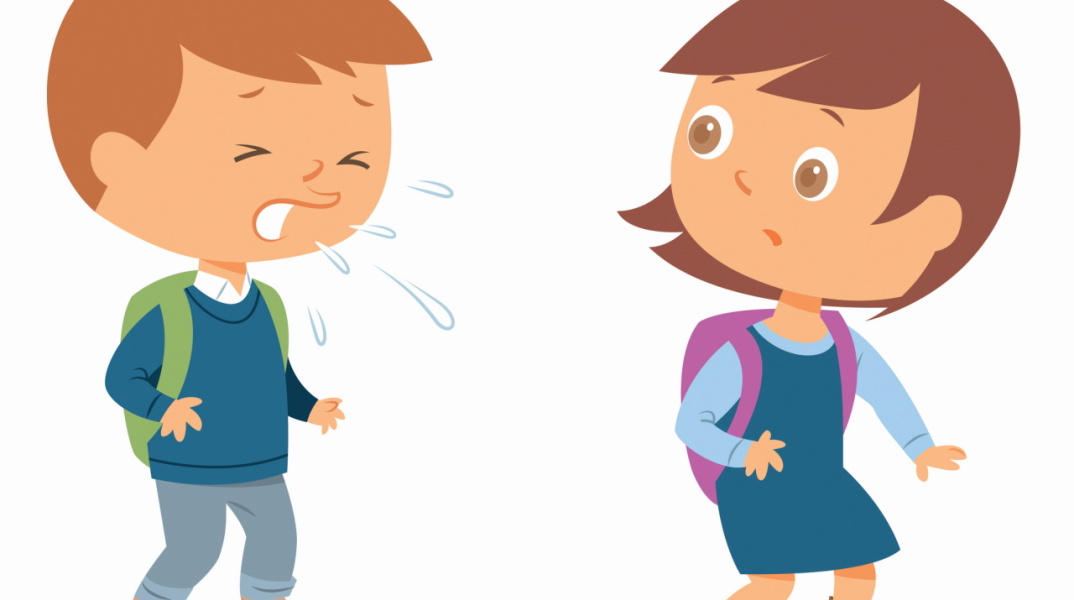 Σκίτσο στο οποίο ένα παιδί φτερνίζεται εξαιτίας των αλλεργιών.