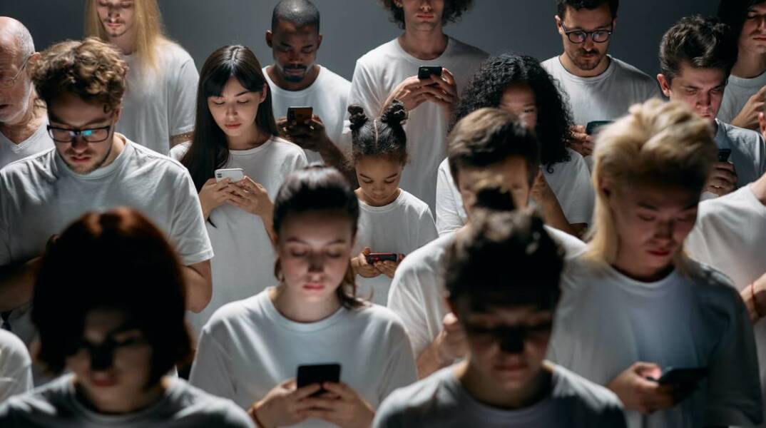 Άνθρωποι σκυμμένοι στα κινητά τους