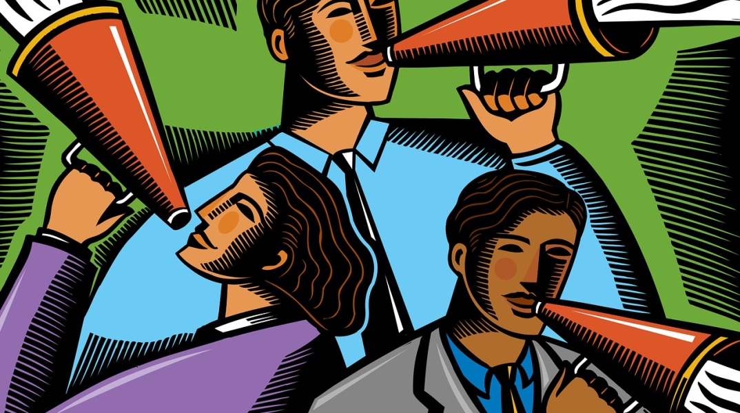 Εικονογράφηση που απεικονίζει τρεις ανθρώπους με μεγάφωνο