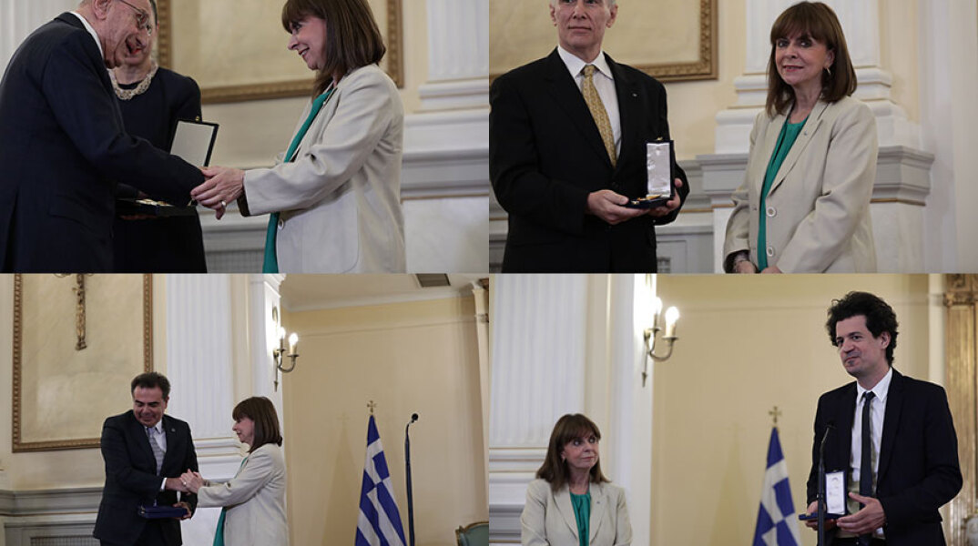 Η Κατερίνα Σακελλαροπούλου παρασημοφορεί στο Προεδρικό Μέγαρο τους Βασίλειο Θεοχαράκη, Μιχαήλ Κοσμόπουλο, Μαργαρίτη Σχοινά και Κωνσταντίνο Δασκαλάκη