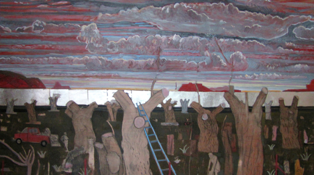 Κώστας Παπανικολάου Ελαιώνας, 2017 αβγοτέμπερα σε κοντραπλακέ 140 x 173 εκ. (για το βιβλίο «Το μέλι και η στάχτη του Θεού», 2002)