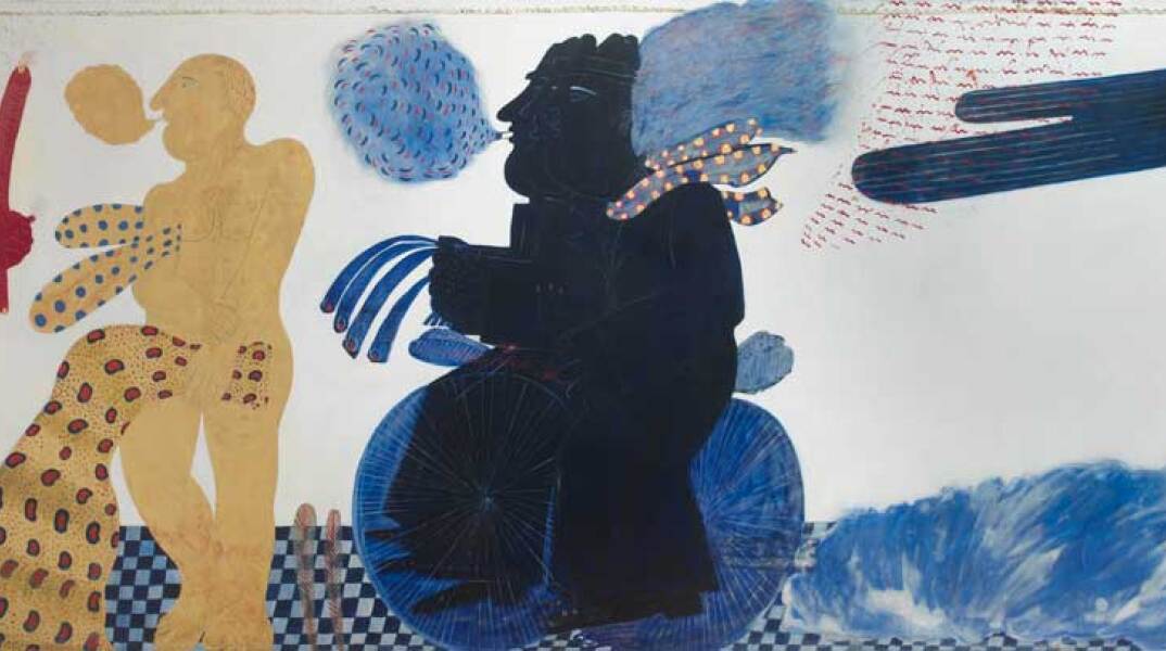 ALEKOS FASSIANOS (b.1935) “Petite suite anachronique ou la vie d’anastasios en 24 heures” oil on canvas heightened with gold