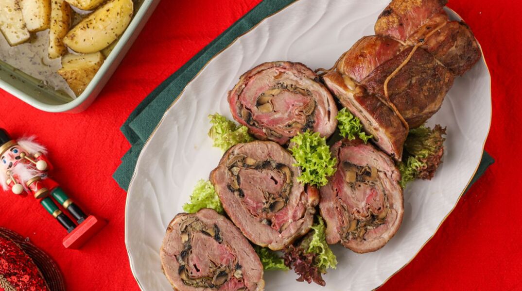 Ρολό χοιρινό με προσούτο και μανιτάρια