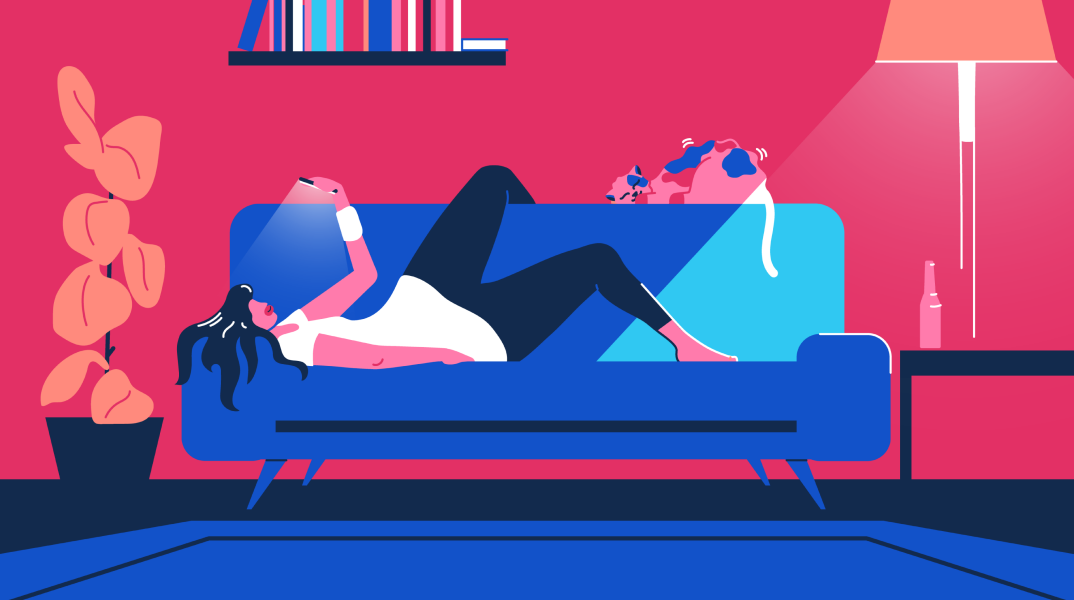 Εικονογράφηση γυναίκας που κοιτά το κινητό τηλέφωνό της στον καναπέ της