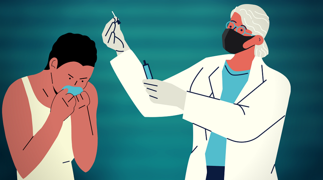 Εικονογράφηση που απεικονίζει γιατρό πριν τον εμβολιασμό ανθρώπου