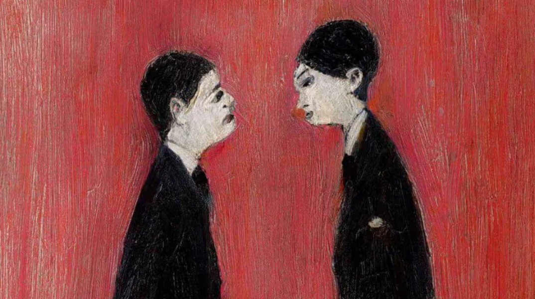 Εικονογραφήση: L. S. Lowry, «Two Men Talking» (1964, λεπτομέρεια)