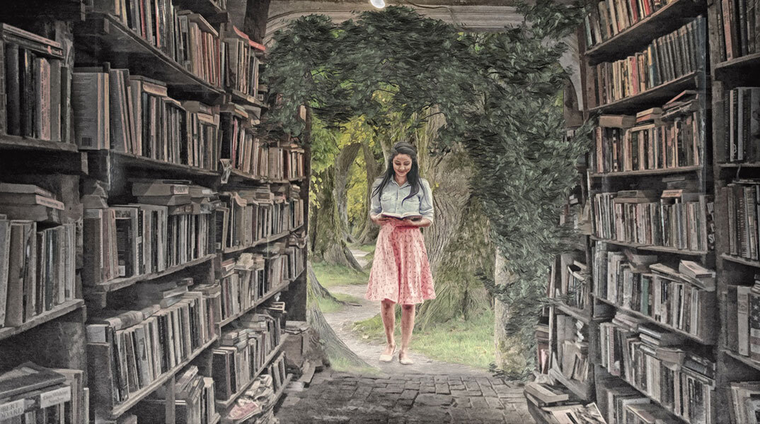 Εικονογράφηση με μια κοπέλα που διαβάζει βιβλίο