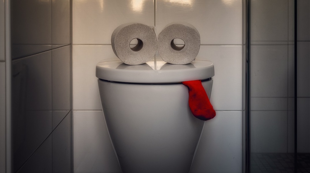 Δύο ρολά τουαλέτας πάνω στο καπάκι της λεκάνης και ένα κόκκινο πανί μοιάζουμε με πρόσωπο που έχει τη γλώσσα έξω
