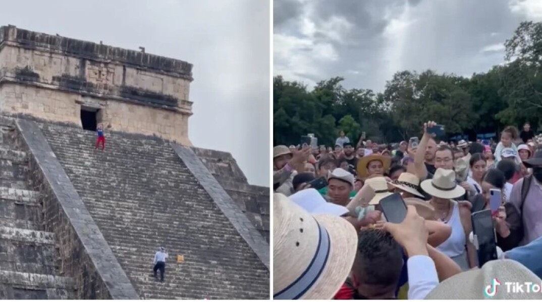 Τουρίστρια στην πυραμίδα των Μάγια στο Μεξικό