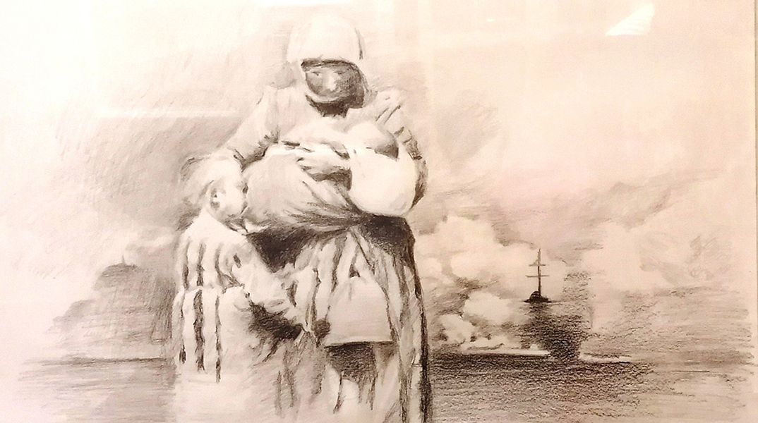 «Πρόσφυγας μάνα με παιδιά την ώρα της φωτιάς». Έργο της Βασιλικής Ηλιακοπούλου από την έκθεση «1922 και 100 χρόνια μετά»